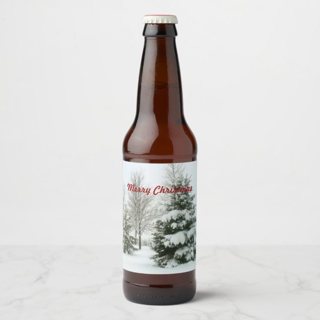 Rótulo Para Garrafa De Cerveja Feliz Natal, árvores de abeto com neve (Frente)