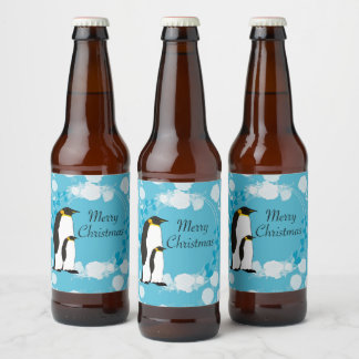 Rótulo Para Garrafa De Cerveja feliz natal, natal, pinguim, flores, azul,