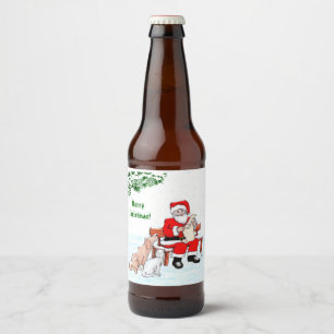 Rótulo Para Garrafa De Cerveja Feliz Natal! Papai Noel com Gato e Cão
