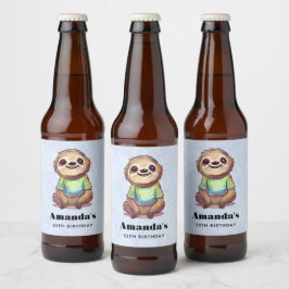 Rótulo Para Garrafa De Cerveja Feliz Sloth Vestindo um aniversário bonito de cami