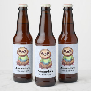 Rótulo Para Garrafa De Cerveja Feliz Sloth Vestindo um aniversário bonito de cami