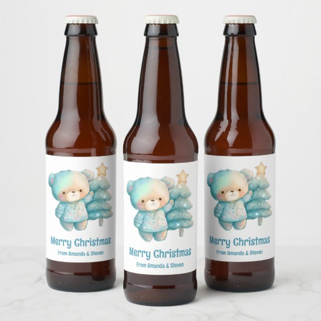 Rótulo Para Garrafa De Cerveja Feriado em Urso Bonito e Árvore de Natal (Garrafas)