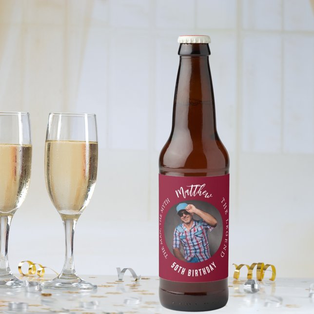 Rótulo Para Garrafa De Cerveja Festa de aniversário burgundy com foto da lenda do (Criador carregado)