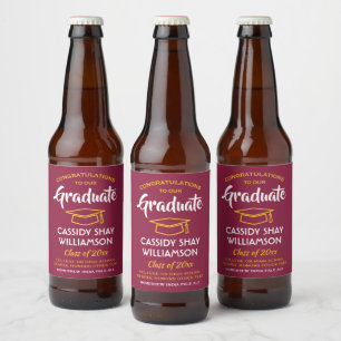 Rótulo Para Garrafa De Cerveja Festa de formatura Felicita Maroon Vermelho Dourad