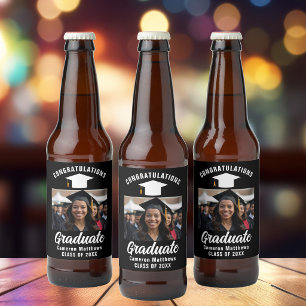 Rótulo Para Garrafa De Cerveja Festa de Formatura Foto de Graduado Preto e Branco