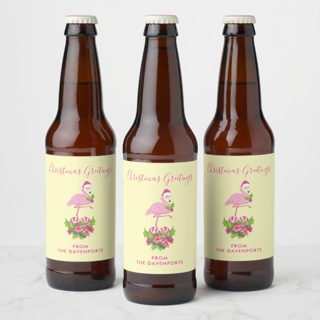 Rótulo Para Garrafa De Cerveja Flamingo cor-de-rosa no Natal Whimsso de Santa Hat (Garrafas)