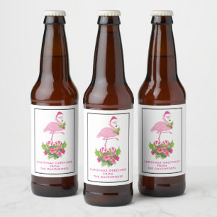 Rótulo Para Garrafa De Cerveja Flamingo cor-de-rosa no Natal Whimsso de Santa Hat