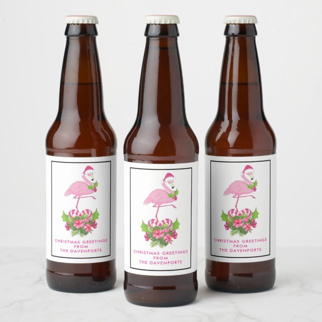 Rótulo Para Garrafa De Cerveja Flamingo cor-de-rosa no Natal Whimsso de Santa Hat (Garrafas)