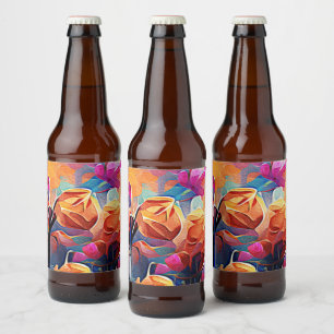 Rótulo Para Garrafa De Cerveja Floral Abstrato Art Laranja Vermelho Azul Flores