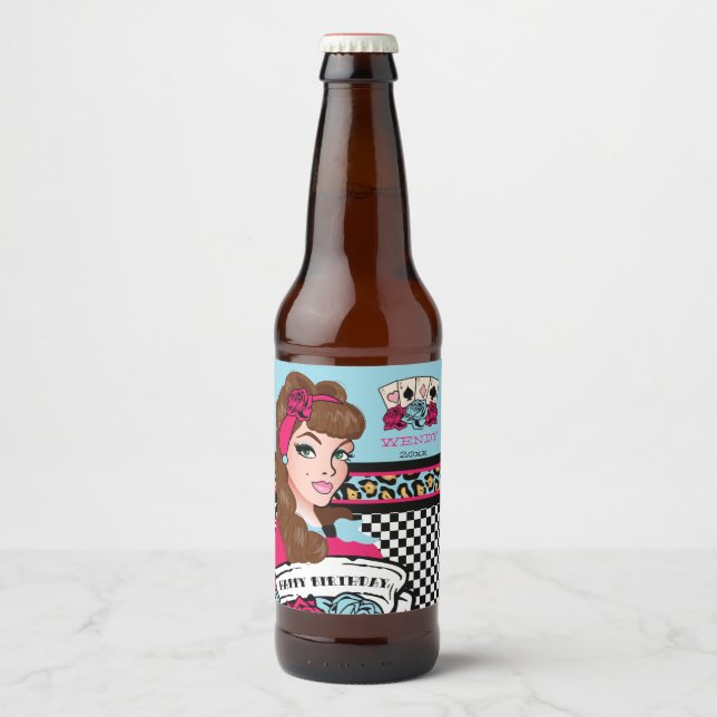Rótulo Para Garrafa De Cerveja Garota Pin-up, Verificada e Leopardo (Frente)