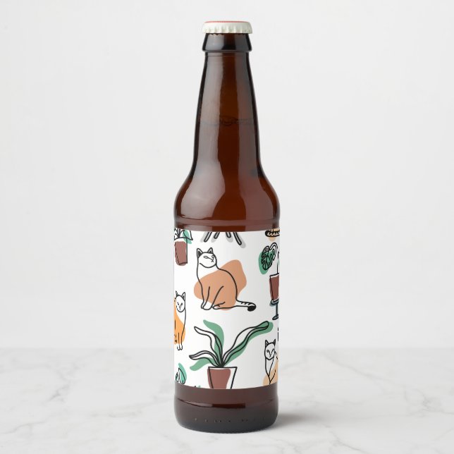 Rótulo Para Garrafa De Cerveja Gatos e flores para desenho de linhagens (Frente)