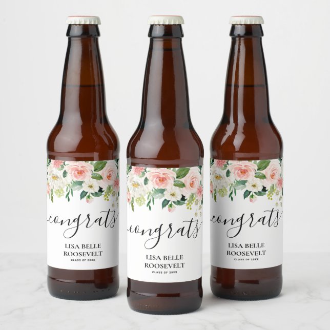 Rótulo Para Garrafa De Cerveja Graduação de Menina de Parabéns Florais Blush (Garrafas)