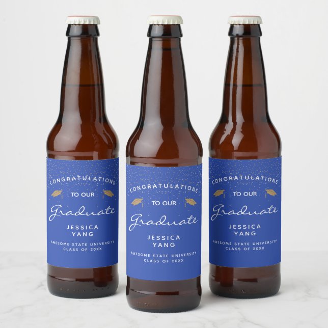 Rótulo Para Garrafa De Cerveja Graduação Dourada de Bonés de Script Branco Azul (Garrafas)
