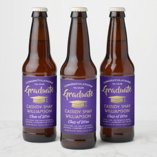 Rótulo Para Garrafa De Cerveja Graduação Parabéns Dourados e Brancos Roxos