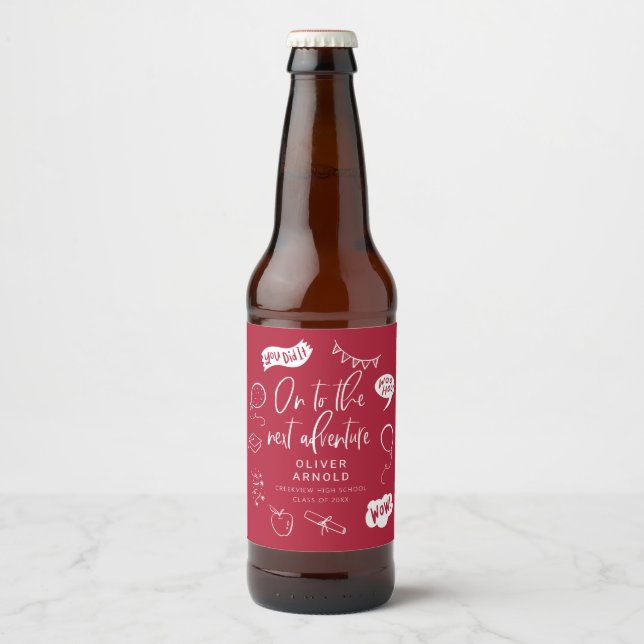 Rótulo Para Garrafa De Cerveja Graduação Quirky Doodle Próximo Adventure Red (Frente)