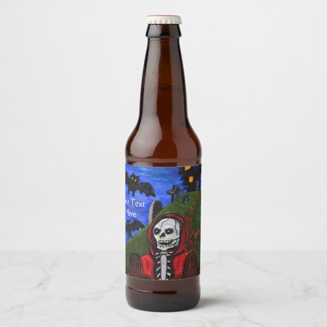 Rótulo Para Garrafa De Cerveja Grim Reaper em Red Cape Black Bats Spooky House (Frente)