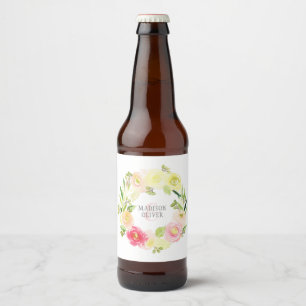 Rótulo Para Garrafa De Cerveja Grinalda floral   da aguarela cor-de-rosa e