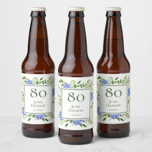 Rótulo Para Garrafa De Cerveja Hortênsias Azuis de Aniversário de 80 anos
