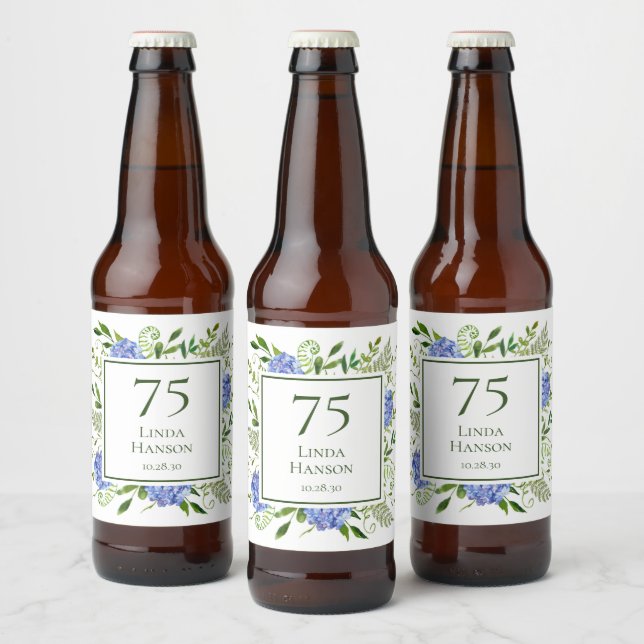 Rótulo Para Garrafa De Cerveja Hydrangeas Azuis para 75º Aniversário (Garrafas)