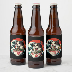 Rótulo Para Garrafa De Cerveja Lamen de Gato Arte Japonês Estilo Vintage