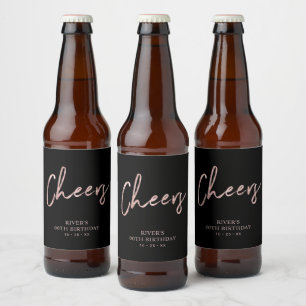 Rótulo Para Garrafa De Cerveja Letras em Rosa Dourado e Preto Cheers Aniversário 