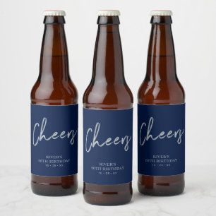 Rótulo Para Garrafa De Cerveja Letras Prateadas e Azuis Parabéns Aniversário Adul
