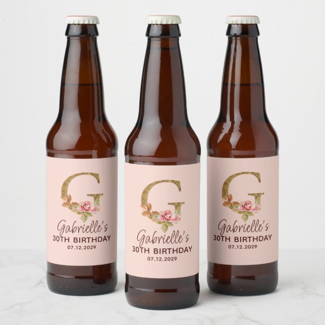 Rótulo Para Garrafa De Cerveja Letter G Gold Monogram Blush Pink Roses (Garrafas)