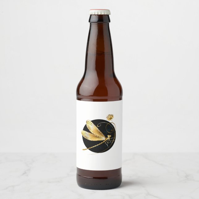 Rótulo Para Garrafa De Cerveja libélula ouro em círculo preto (Frente)