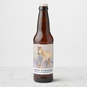 Rótulo Para Garrafa De Cerveja Linda Galopagem de Cavalo Branco no Natal