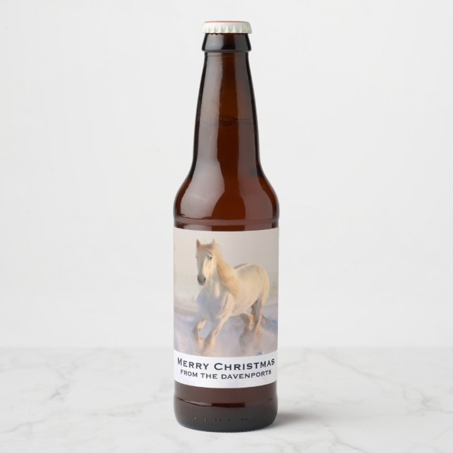 Rótulo Para Garrafa De Cerveja Linda Galopagem de Cavalo Branco no Natal (Frente)