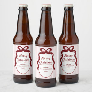Rótulo Para Garrafa De Cerveja Listras Rosa e Vermelha e Quadro de Natal com Laço