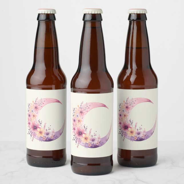 Rótulo Para Garrafa De Cerveja Lua de Crescente Rosa com Flores Bonito (Garrafas)