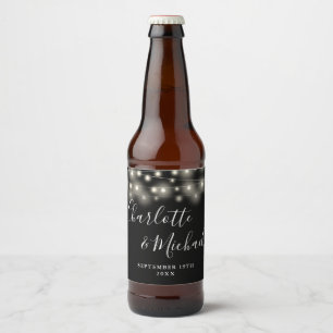 Rótulo Para Garrafa De Cerveja Luzes de Corda Assinatura Casamento Preto Branco