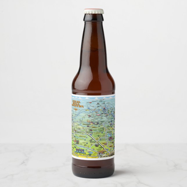 Rótulo Para Garrafa De Cerveja Mapa de Cartoons do Texas Hill Country (Frente)