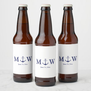 Rótulo Para Garrafa De Cerveja Monograma branco azul marinho da âncora náutica