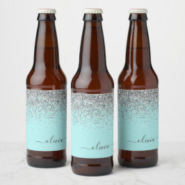 Rótulo Para Garrafa De Cerveja Monograma de Prata Leve Azul Aqua