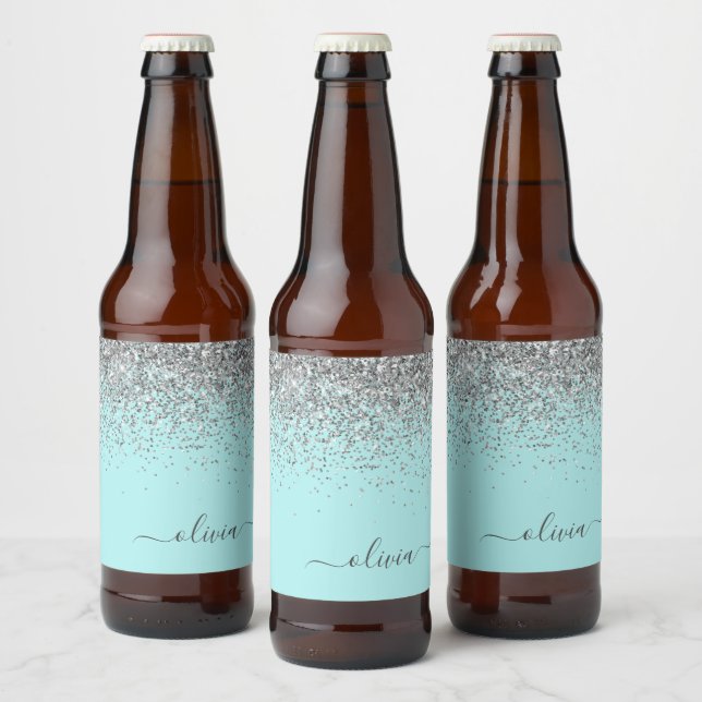 Rótulo Para Garrafa De Cerveja Monograma de Prata Leve Azul Aqua (Garrafas)