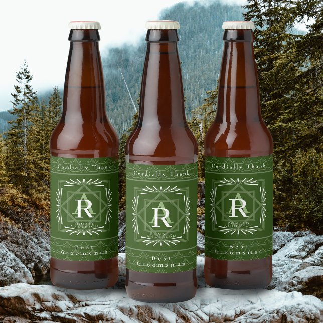 Rótulo Para Garrafa De Cerveja Monograma Verde de na moda Frame (Modern stylish Monogram Design. )