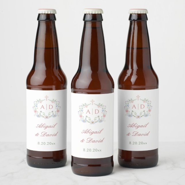 Rótulo Para Garrafa De Cerveja Monogramas de Casamento Religioso de Moldura Flora (Garrafas)