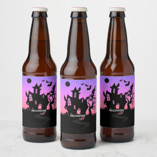 Rótulo Para Garrafa De Cerveja Noite de Halloween Pôr do Sol Bruxa e Morcegos Caç