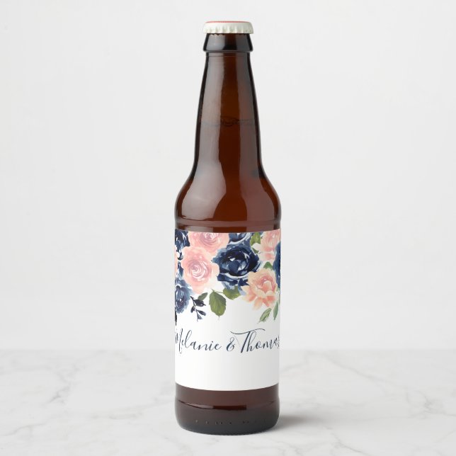 Rótulo Para Garrafa De Cerveja Noivado de Casamento de Flores Rosa e Azul-Marinho (Frente)