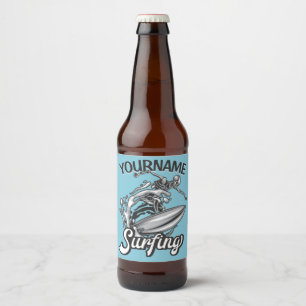 Rótulo Para Garrafa De Cerveja Nome Personalizado Surfista Onda Grande Esqueleto
