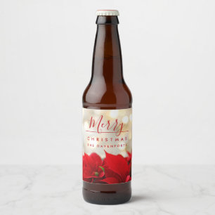 Rótulo Para Garrafa De Cerveja Poinsétias vermelhas com Natal dourado de Bokeh
