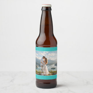 Rótulo Para Garrafa De Cerveja Pontos Brancos em Azul Turquesa – Casamento Person