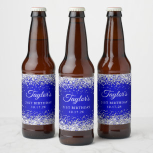 Rótulo Para Garrafa De Cerveja Prata Brilho Preto Azul Ombre 21º Aniversário
