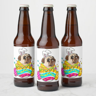 Rótulo Para Garrafa De Cerveja Pug Bunny Ears Ovos Dia da Páscoa Cachorro Fofo