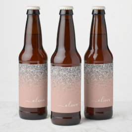 Rótulo Para Garrafa De Cerveja Rapariga do Monograma com rosa Dourado Blush Pink 
