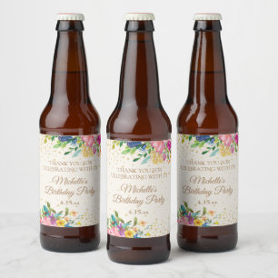 Rótulo Para Garrafa De Cerveja Rosa Amarelo Azul Floral Aniversário Nome Data