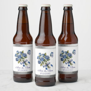 Rótulo Para Garrafa De Cerveja Rosas Azuis Elegantes e Borboleta Casamento Prata
