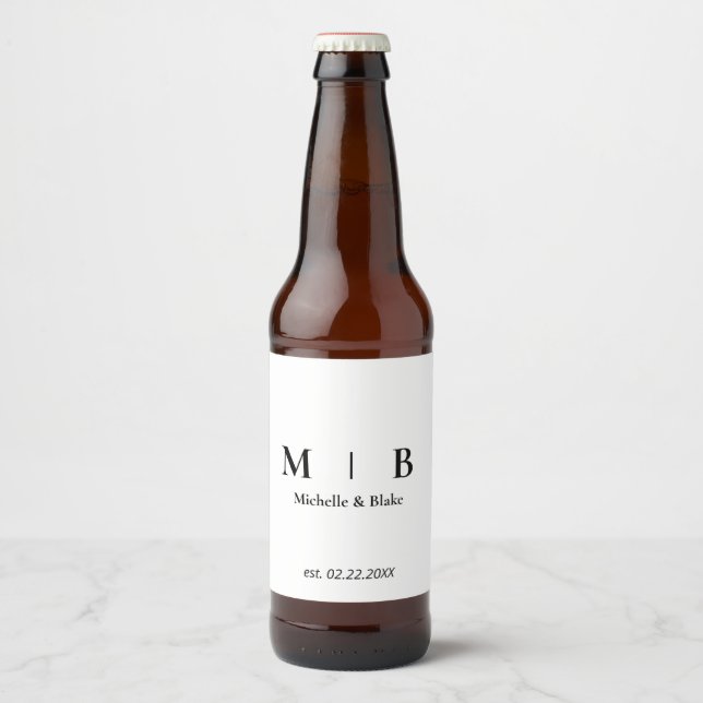 Rótulo Para Garrafa De Cerveja Rótulo de Casamento do Monograma B/W elegante e si (Frente)